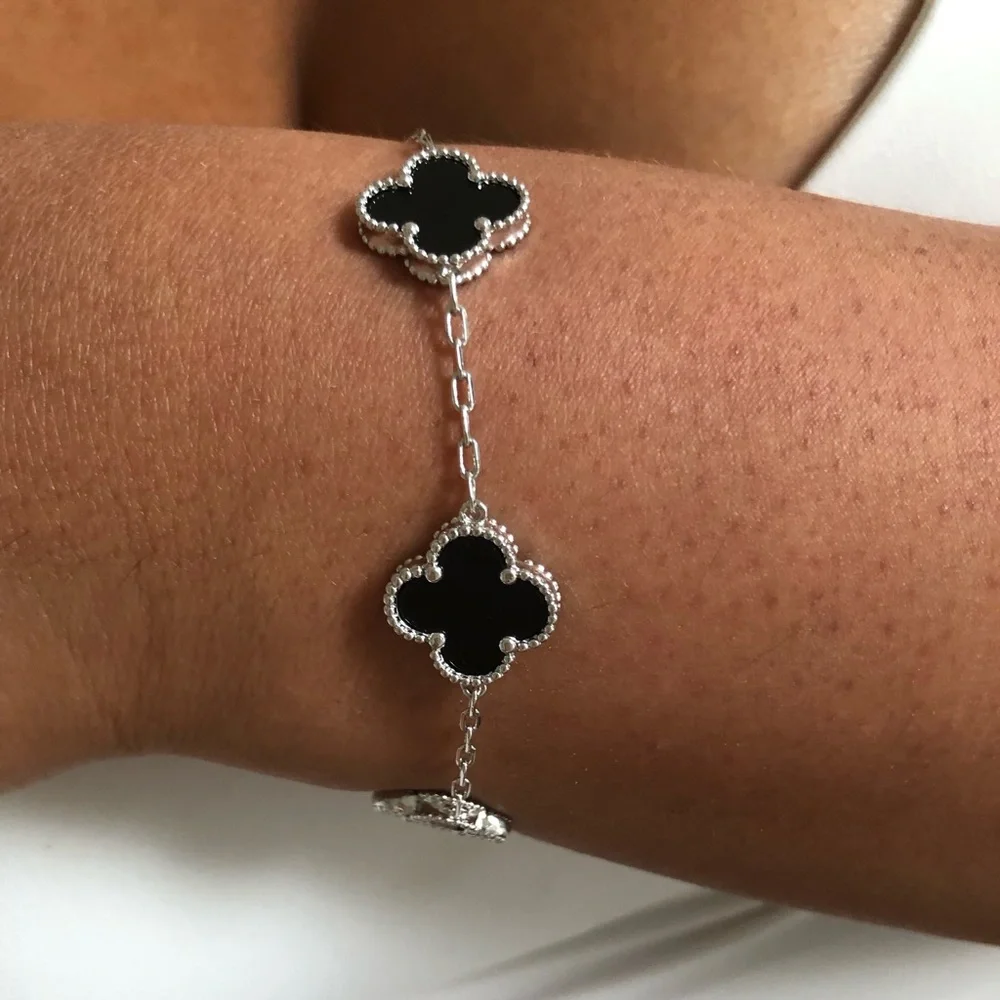 Black Onyx 5 Quatrefoil Clover Motif Bracelet